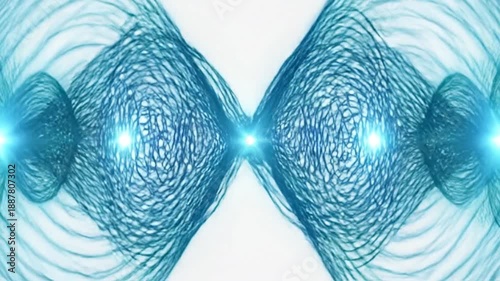 Abstract teal wave pattern on white background, representing sound or energy.