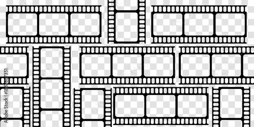 Old grunge movie film long strip, vintage filmstrip roll frame, vector photo background. Video or movie filmstrip overlay, cinema or photograph camera long film strip with transparent screen