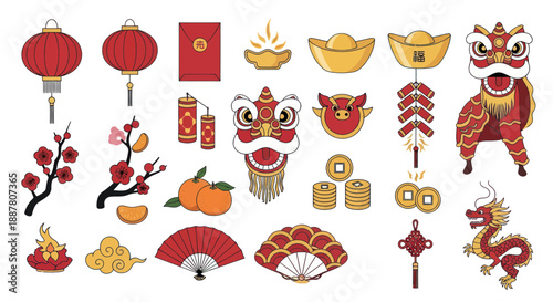 Photography Chinese New Year Celebration Icons: Dragon, Lion Dance, Lanterns, Firecrackers,