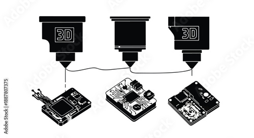 Industrial 3D printing technology with robotic arms and circuit boards in manufacturing setting with modern equipment