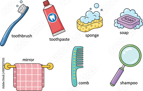Personal hygiene items cartoon set, toothbrush, toothpaste, soap, sponge, mirror, comb, shampoo, grooming tools for kids, vector illustration, clean habits