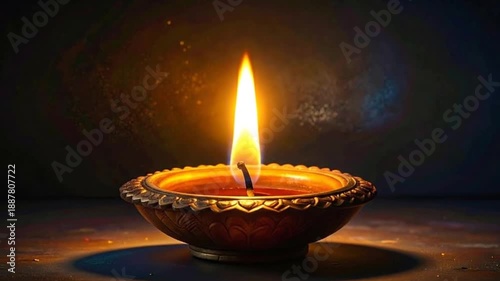 Close-up of a small, ornate oil lamp with a bright, flickering flame.