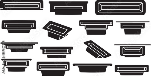 Collection of various black rectangular icons on white background