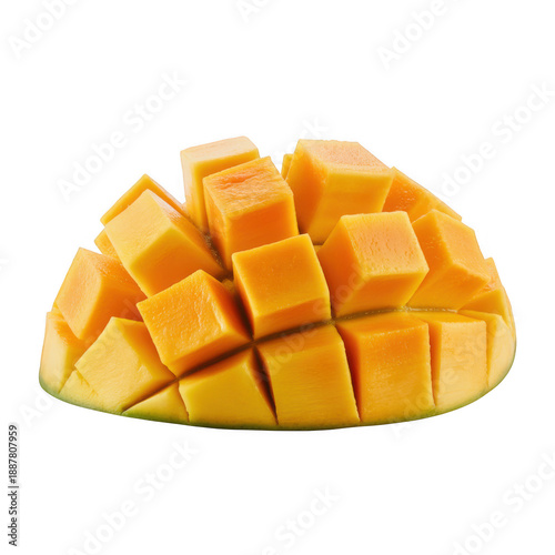Freshly prepared half mango diced into cubes, vibrant orange flesh isolated on transparent background 