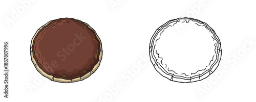 Compressed pu-erh tea cake from top view in flat cartoon and line art style using dark brown and beige colors for traditional chinese tea culture and shop collection isolated on white