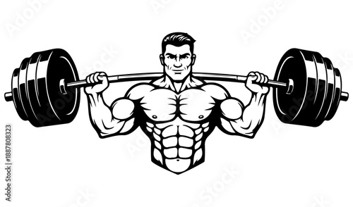 Muscular bodybuilder lifting heavy barbell exercise