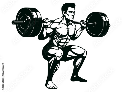 Muscular bodybuilder squatting with heavy barbell