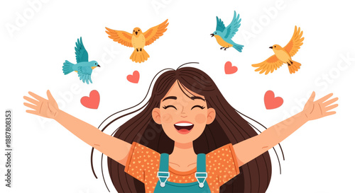 Happy young woman with long hair smiling, arms open, surrounded by birds and hearts, in a colorful cartoon style. Positive emotions, freedom, and joy in nature vector