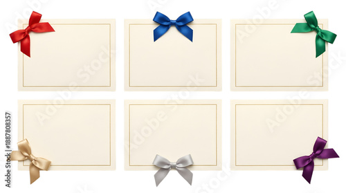 Six blank cream-colored cards with colorful satin bows in a grid layout isolated PNG with Transparent Background