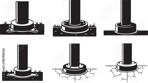 Detailed illustrations of various post foundation installation methods shown