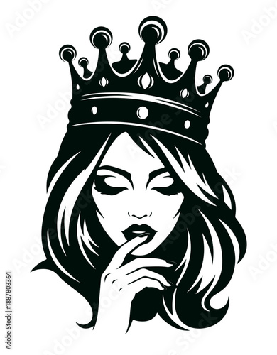 Queen wearing crown looking down