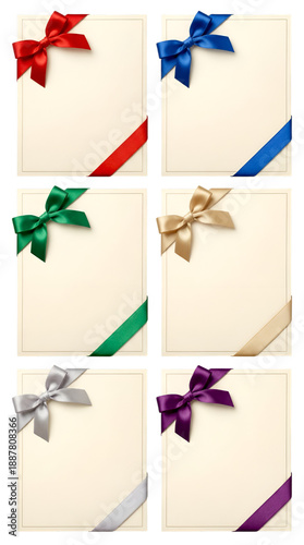 Six blank cream cards with colorful satin gift bows and ribbons isolated PNG with Transparent Background