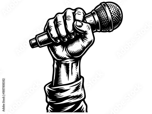 Raised fist gripping modern microphone tightly close up