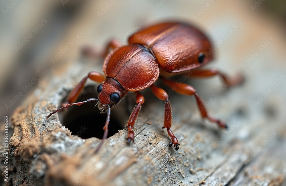 Naklejka premium Closeup macro photo shows red bark beetle insect on old weathered wood surface. Tiny bug crawls into wood hole, showing details of its body and legs. Nature background.