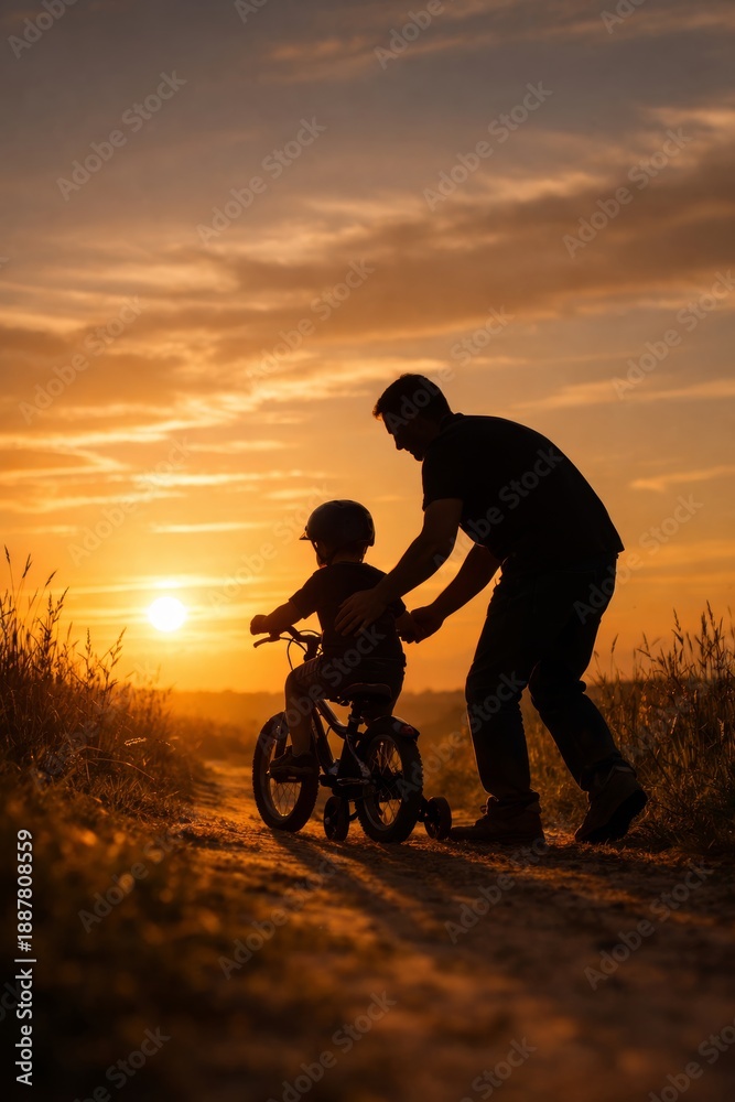Obraz premium Heartwarming moment of father helping son to ride bicycle at sunset. Family activity promotes joy and connection. Vertical image captures love and adventure in outdoor setting.