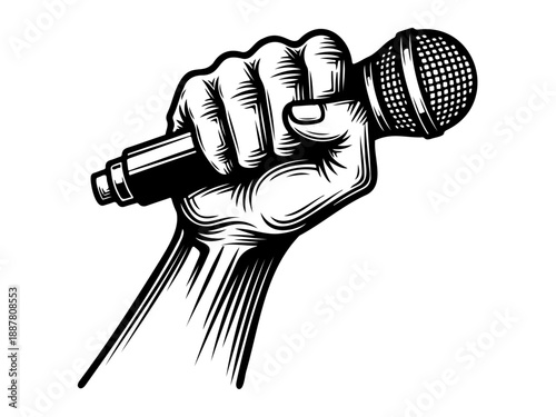 Strong hand holding modern microphone up in air