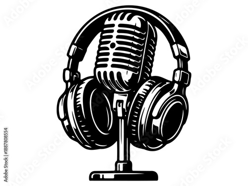 Studio microphone with headphones podcasting art