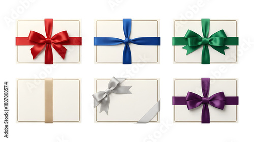 Collection of Six Blank White Gift Cards with Colourful Satin Ribbons and Bows isolated PNG with Transparent Background.