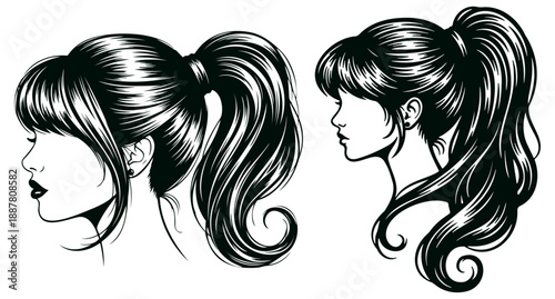 Two stylish women profile views with long ponytails