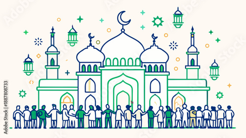 Muslim community with mosque in background in flat style