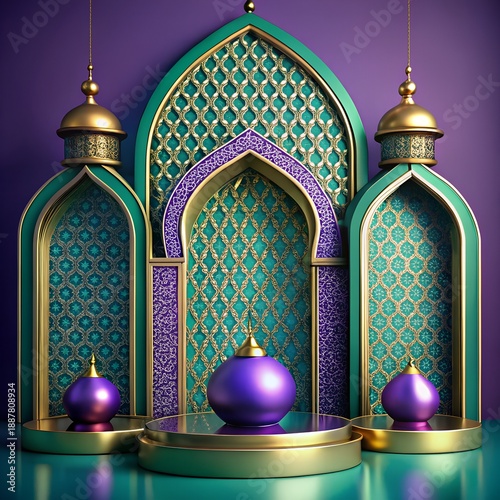 A 3D rendering of an Islamic oriental arch background with geometric patterns and decorative emerald and purple ornaments. A scene of Arabic architecture with a luxurious Ramadan design.