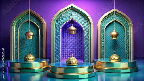 A 3D rendering of an Islamic oriental arch background with geometric patterns and decorative emerald and purple ornaments. A scene of Arabic architecture with a luxurious Ramadan design.