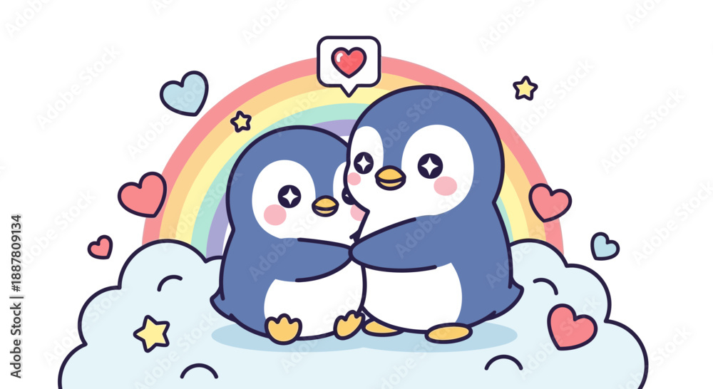 Obraz premium Cute penguin couple embracing with rainbow clouds and hearts whimsical design
