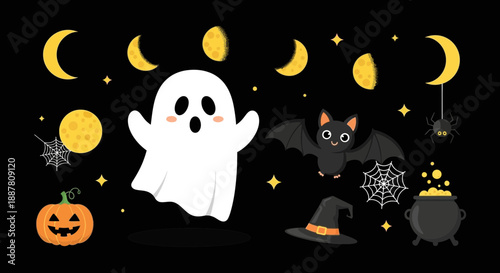 Cute Halloween illustration with ghost, bat, pumpkin, moon, cauldron and witch hat perfect for