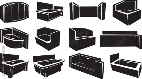 Various Black and White Bathtub Illustrations on White Background