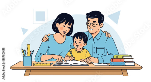 Happy family doing homework together a cute son study with his parents at home illustration