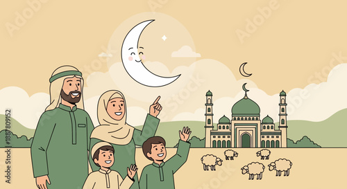 Happy muslim family celebrates eid al adha with cute moon and mosque background illustration