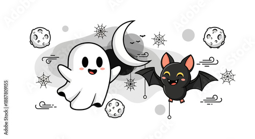 Cute Halloween Ghost and Black Cat Cartoon Vector Illustration