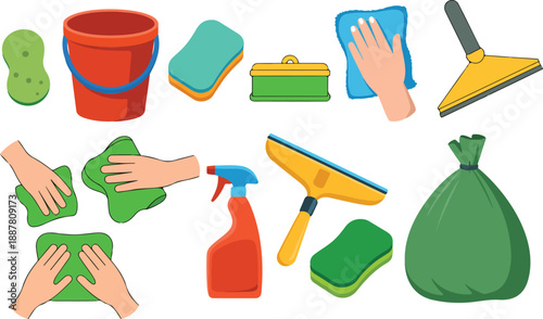 Household Cleaning Tools Icon Pack Sponges, Sprays, Buckets, and Hygiene Essentials