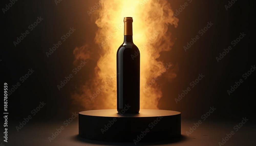 Naklejka premium Dark glass wine bottle stands on round stand. Fiery orange smoke swirls behind, creating dramatic moody atmosphere. Elegant display suggests luxury, celebration, fine taste for special occasions.
