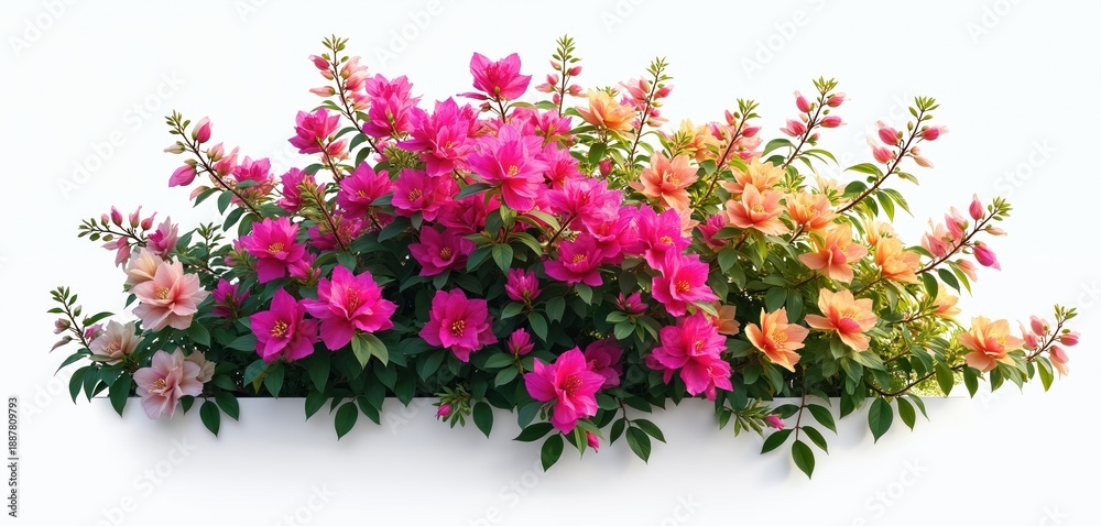 Obraz premium Pink and orange bougainvillea bush blooms. Lush green foliage forms a decorative natural border. Isolated plant on white background with copy space.