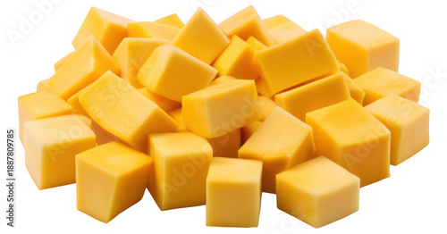 A pile of freshly diced yellow fruit cubes, likely mango or squash, isolated on transparent background