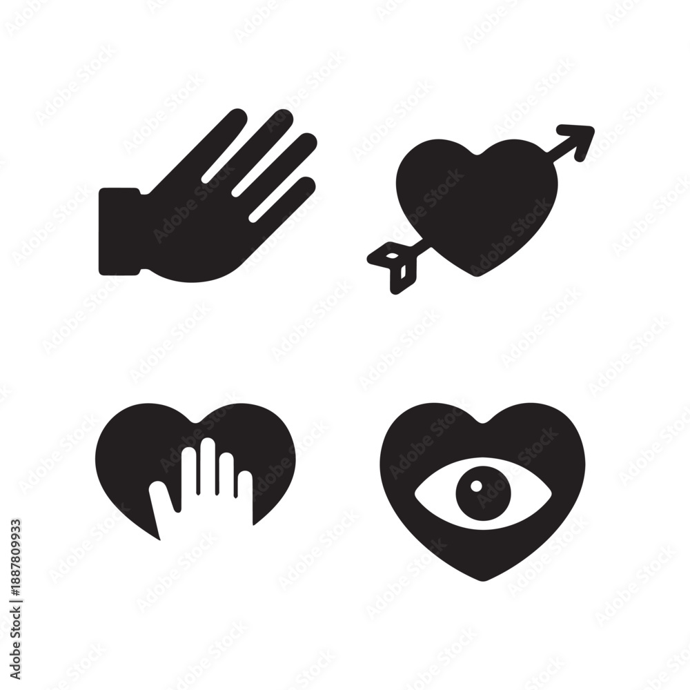 Obraz premium Romantic Love Icons Featuring Hearts With Arrows Hands And Eye Vector Silhouettes. 