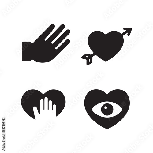 Romantic Love Icons Featuring Hearts With Arrows Hands And Eye Vector Silhouettes. 