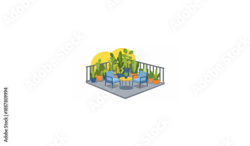 Sunny rooftop balcony with cozy green corner flat vector illustration