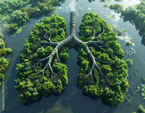 Green trees form human lungs emerging from water with a smokestack, conceptualizing environmental health, pollution, and urgent ecological balance