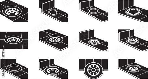 Black and white kitchen sink illustrations in various angles