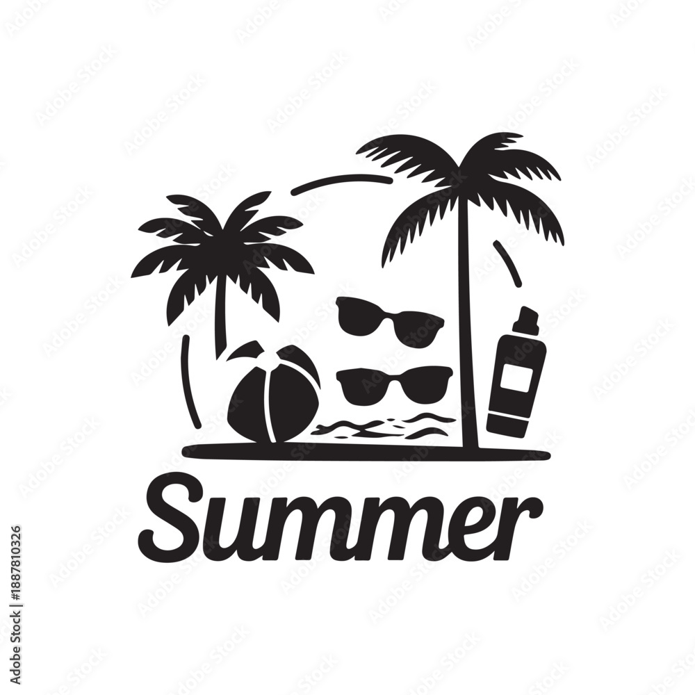 Obraz premium Tropical Summer Beach Vacation Concept With Palm Trees Sunglasses Ball And Sunscreen Silhouettes.