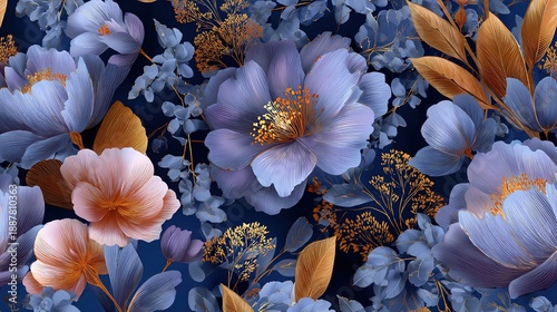 Floral Symphony: A captivating pattern featuring exquisite blossoms and lush foliage, painted with a blend of soft hues that evokes a sense of tranquility and delicate beauty.