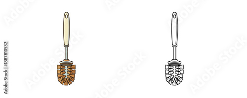 Toilet cleaning brush with handle in flat cartoon and line art style using beige and brown colors for bathroom hygiene and domestic sanitation equipment isolated on white