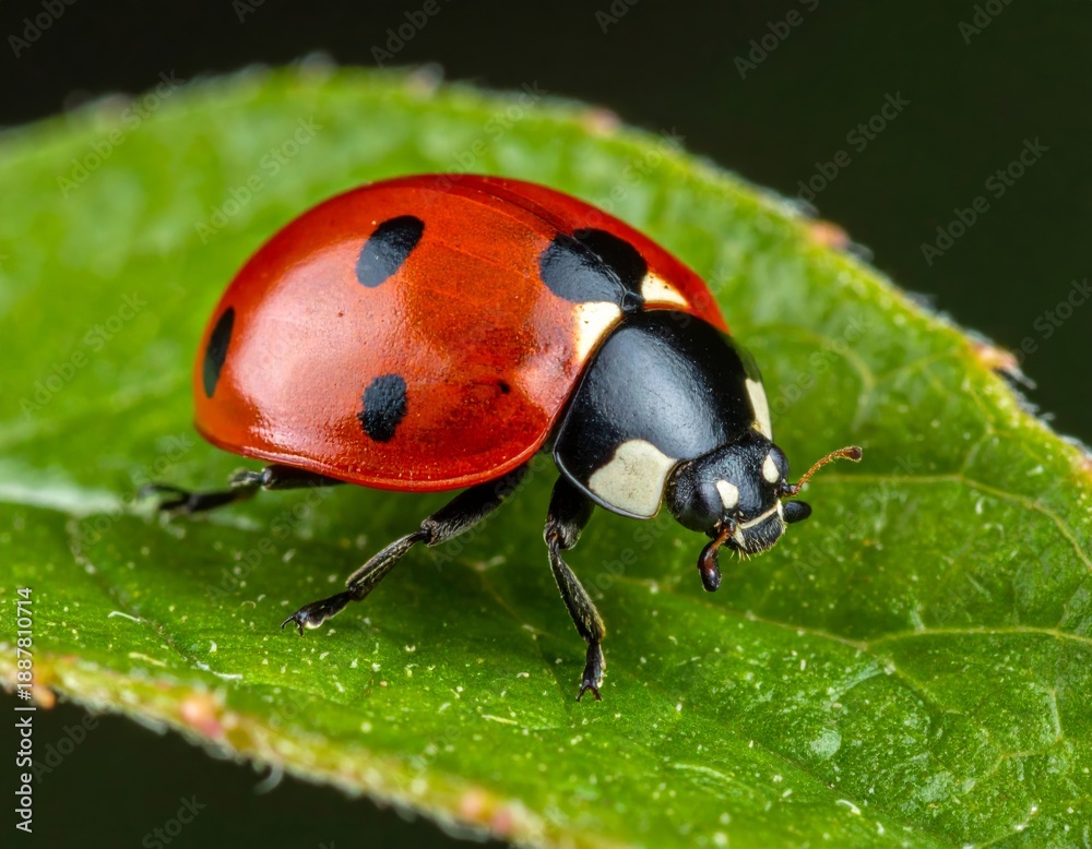 Fototapeta premium Close view of a ladybug on a green leaf in natural light during a sunny day in a garden setting Generative AI