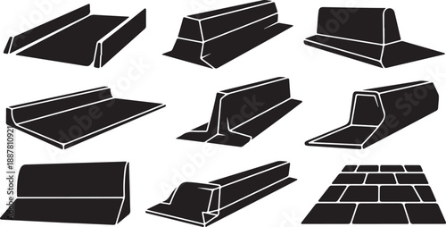 Black and white skateboard ramp illustrations in various styles
