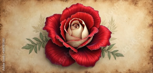 Stylized Tudor rose with red outer petals and cream inner petals against old parchment. Green leaves accent the vintage floral design. Ideal for historical themes, England, or romantic notions.