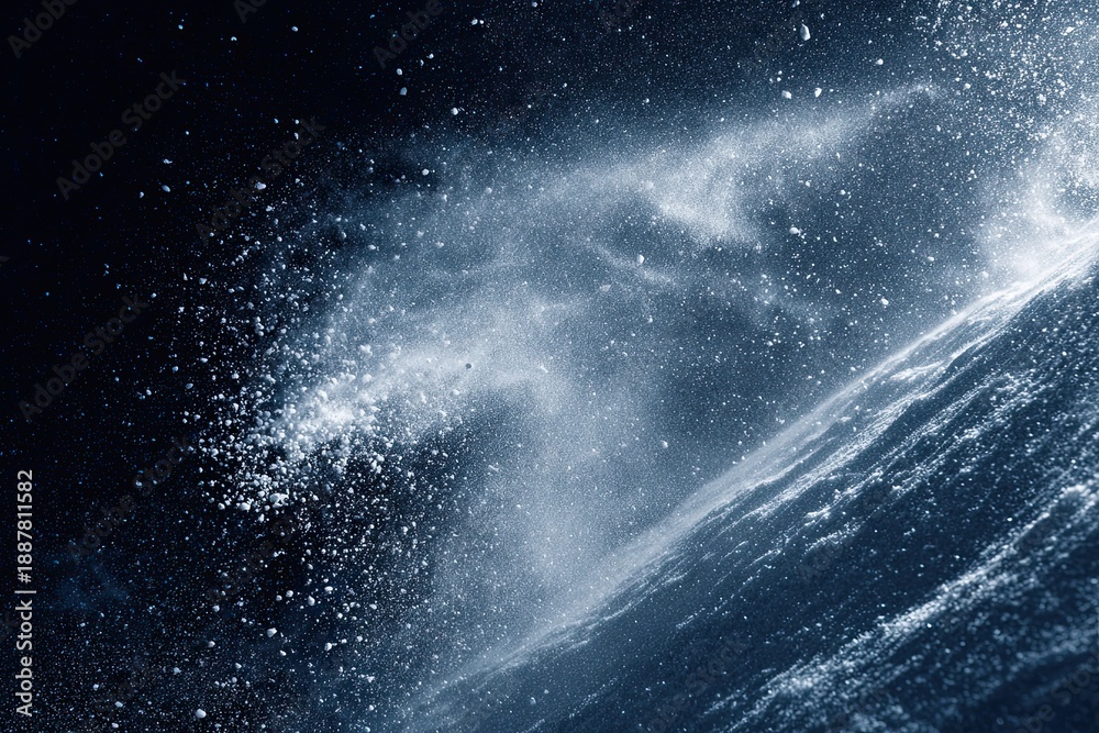 Obraz premium Abstract snow spray texture on a dark background, evoking frozen winter scenes and crisp atmospheric effects.