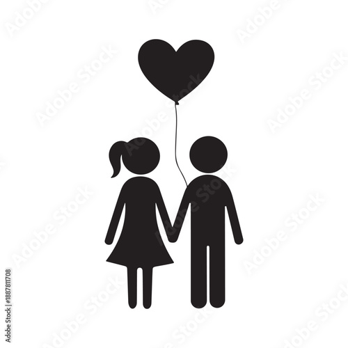 Silhouette of a Romantic Couple Holding a Heart Shaped Balloon for Valentine Day and Wedding Anniversary Celebration