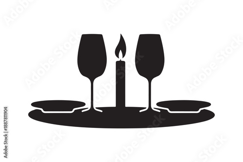 Romantic Candlelight Dinner Silhouette with Wine Glasses and Plates for Anniversary and Date Night Concepts